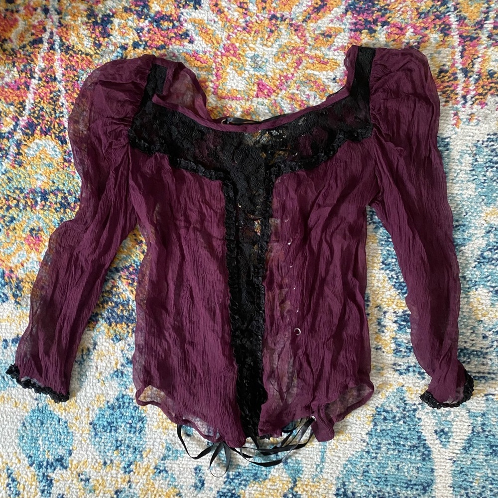LIP SERVICE BLACKLIST rare Purple Lace-Up Blouse Xsmall flawed gem - Picture 3 of 12